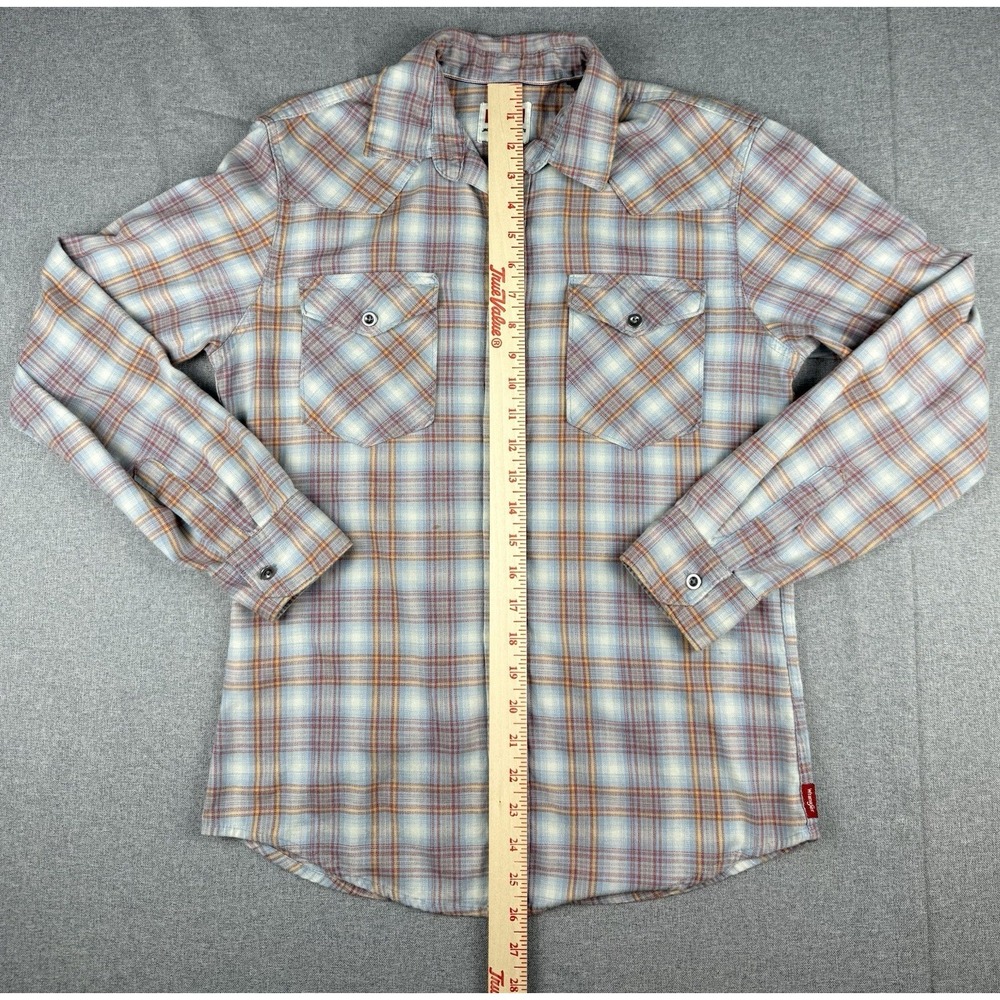 Wrangler Plaid Flannel Shirt Mens Small Blue Red Pearl Snap Western - Picture 7 of 12